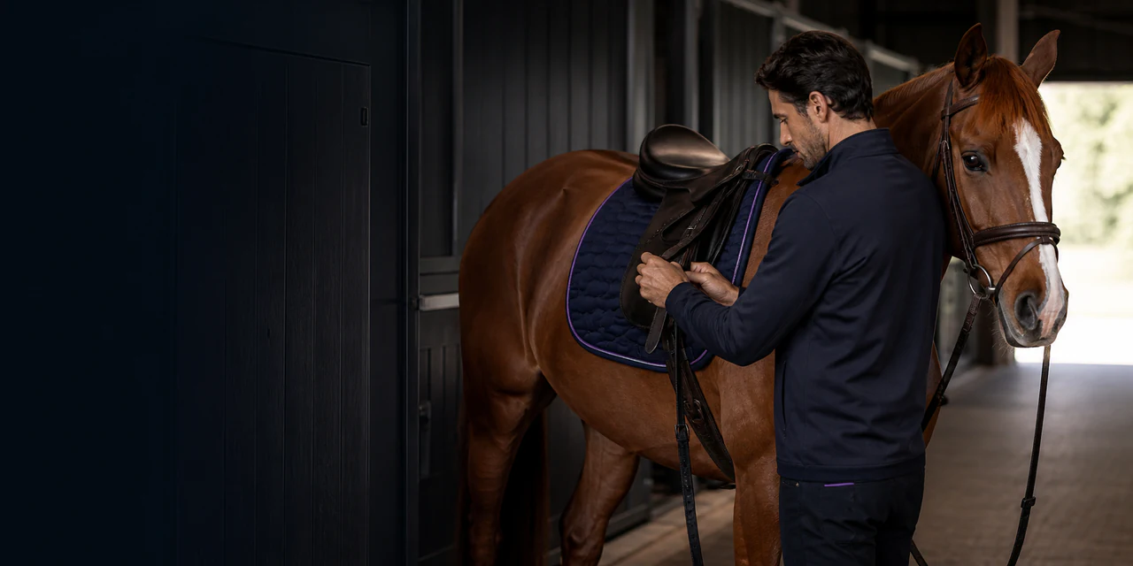 A stable worker preparing a horse for training