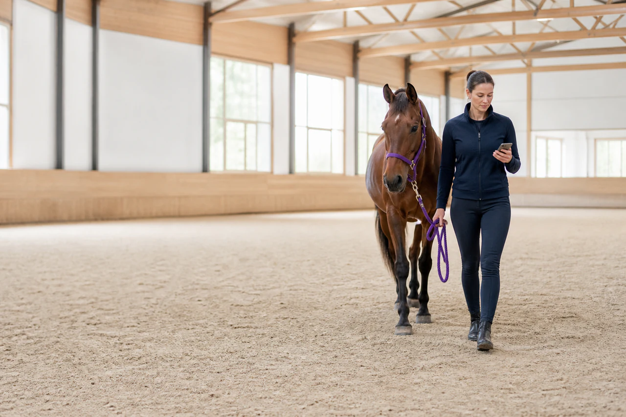A stable owner leading a horse through a booked arena