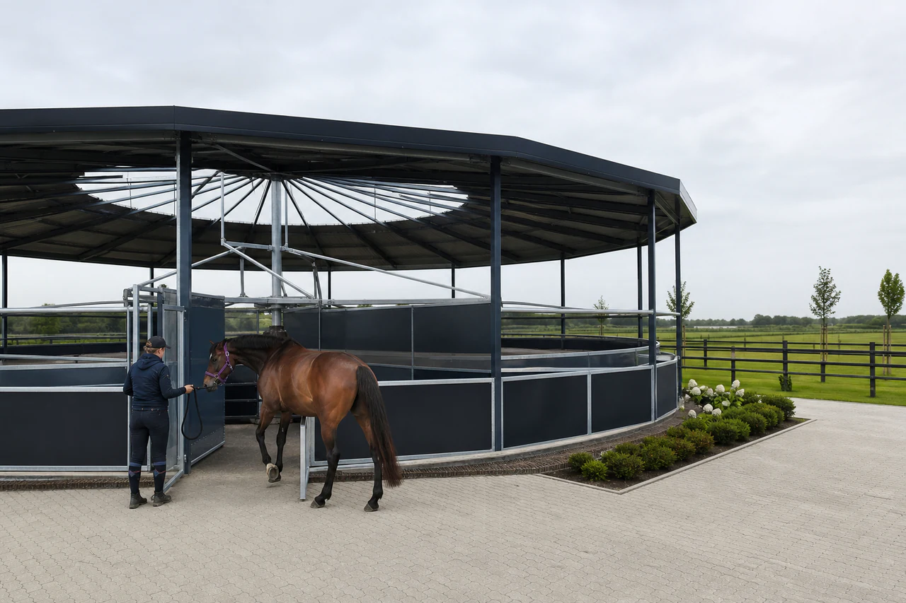 A worker leading a horse into an outdoor walker