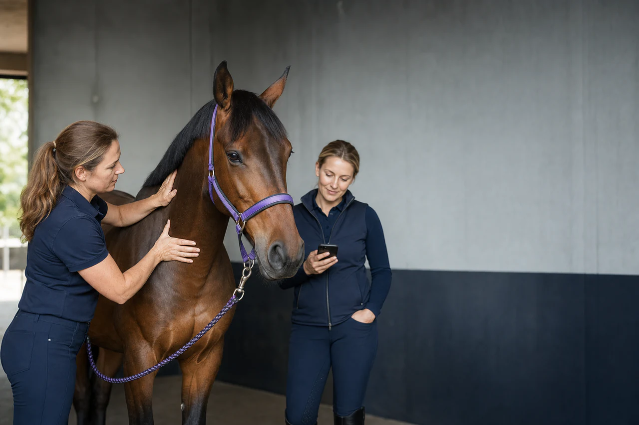A physiotherapist and owner logging a horse’s care